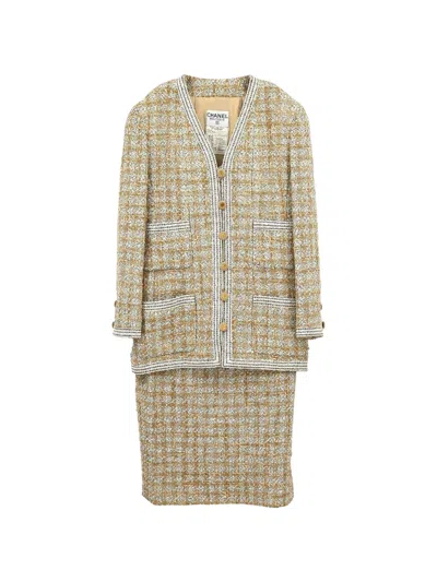 Pre-owned Chanel 1993 Tweed Button-up Jacket And Skirt Suit In Neutrals