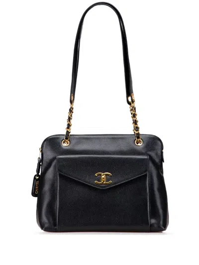 Pre-owned Chanel 1994-1996 Caviar Front Pocket Chain Tote Bag In Black