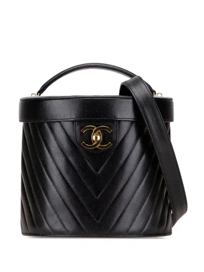 Pre-owned Chanel 1994-1996 Cc Chevron Caviar Turnlock Vanity Bag Satchel In Black
