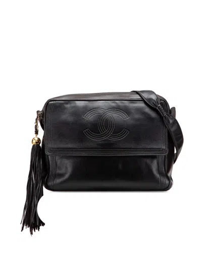 Pre-owned Chanel 1994-1996 Cc Lambskin Flap Tassel Crossbody Bag In Black