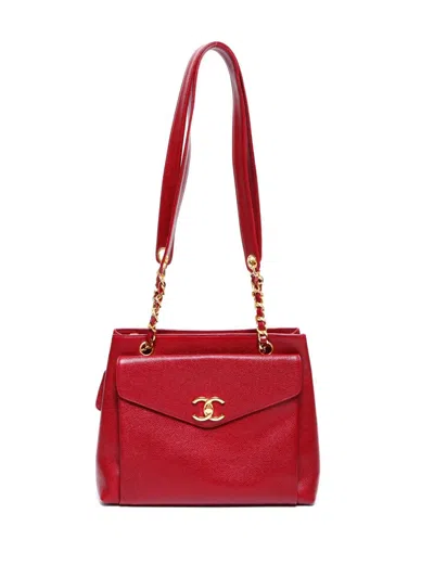 Pre-owned Chanel 1994-1996 Cc Leather Tote Bag In Red