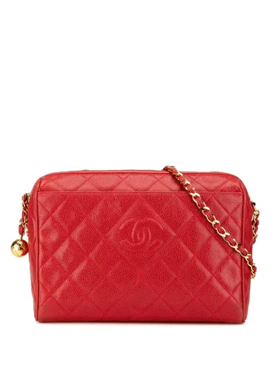 Pre-owned Chanel 1994-1996 Cc Quilted Caviar Chain Camera Bag Crossbody Bag In Red