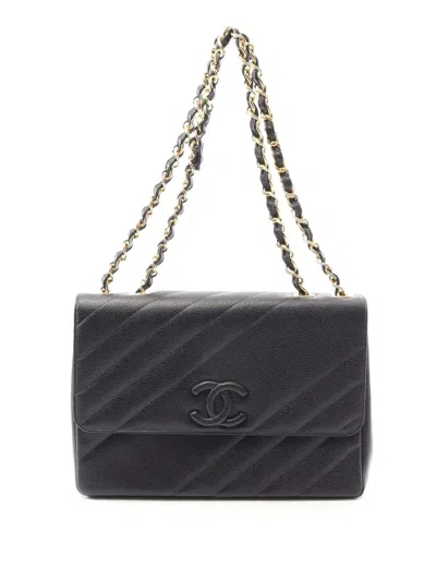 Pre-owned Chanel 1994-1996 Jumbo Cc Diagonal Quilted Caviar Flap Shoulder Bag In Black