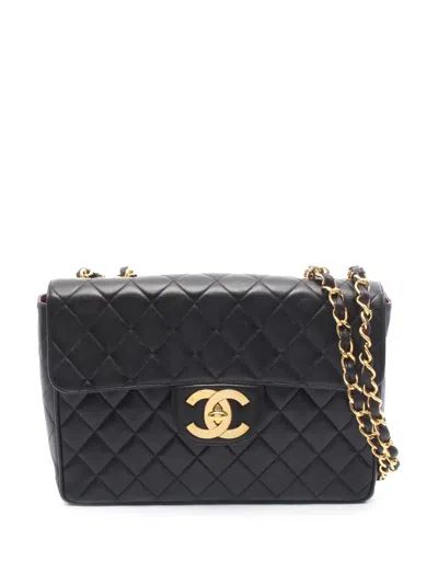 Pre-owned Chanel 1994-1996 Jumbo Quilted Lambskin Single Flap Shoulder Bag In Black