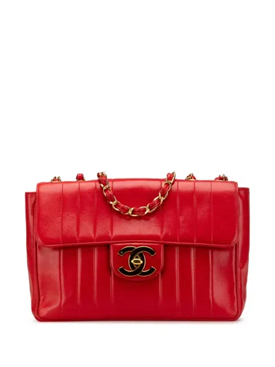 Pre-owned Chanel 1994-1996 Jumbo Xl Vertical Quilt Lambskin Single Flap Shoulder Bag In Red