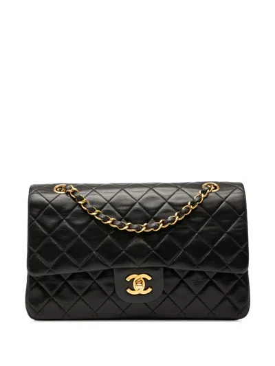 Pre-owned Chanel 1994-1996 Medium Classic Lambskin Double Flap Shoulder Bag In Black