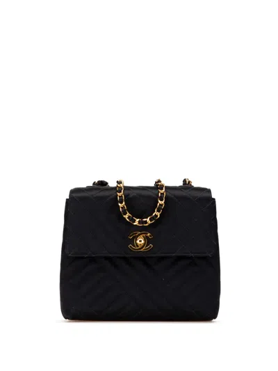 Pre-owned Chanel 1994-1996 Mini Square Diagonal Quilted Satin Single Flap Crossbody Bag In Black