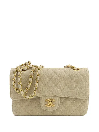 Pre-owned Chanel 1994-1996 Small Classic Linen Double Flap Shoulder Bag In Brown