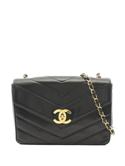 Pre-owned Chanel 1994-1996 V-stitch Chain-strap Shoulder Bag In Black