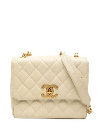 Pre-owned Chanel 1994-1996 Xl Cc Quilted Caviar Square Single Flap Crossbody Bag In Brown
