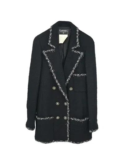 Pre-owned Chanel 1994 Braided-trim Cc Buttons Coat In Black