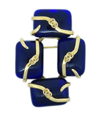 Pre-owned Chanel 1994 Cabochon-embellished Cc-logo Brooch In Blue
