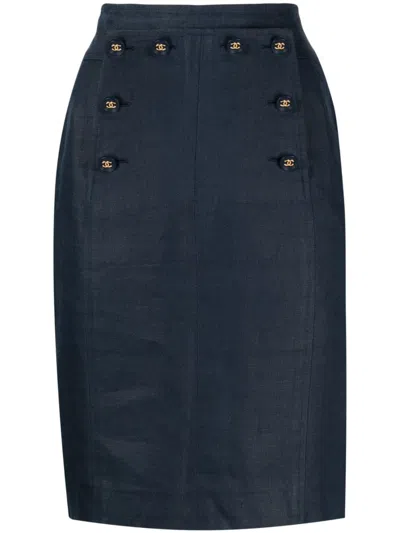 Pre-owned Chanel 1994 Cc-button Pencil Skirt In Blue