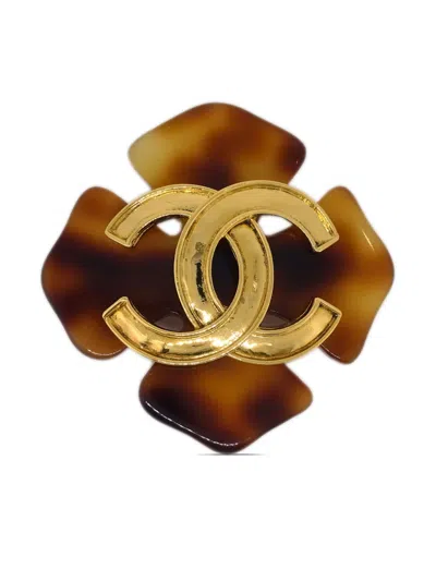 Pre-owned Chanel 1994 Cc Clover Brooch In Brown