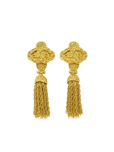 Pre-owned Chanel 1994 Cc Embossed-finish Tassel Clip-on Earrings In Gold