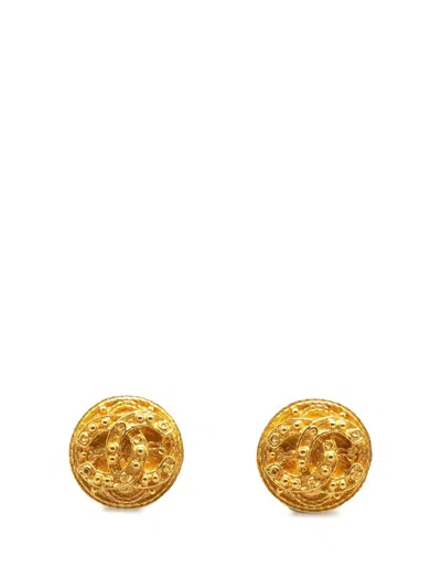 Pre-owned Chanel 1994 Cc Gold Plated Button Clip On Earrings Costume Earrings