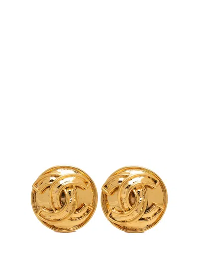 Pre-owned Chanel 1994 Cc Gold Plated Button Clip On Earrings Costume Earrings In 金色