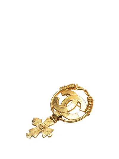 Pre-owned Chanel 1994 Cc Gold Plated Cross Dangle Brooch Costume Brooch