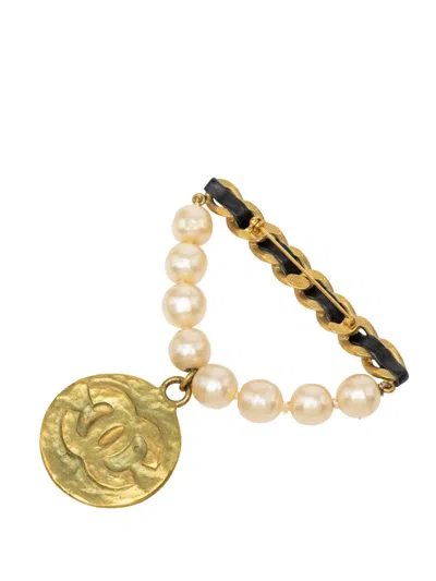 Pre-owned Chanel 1994 Cc Gold Plated Faux Pearl Chain Brooch Costume Brooch