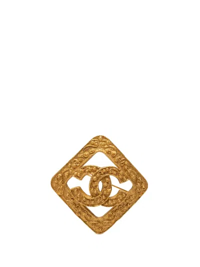 Pre-owned Chanel 1994 Cc Gold Plated Rhombus Diamond Brooch Costume Brooch