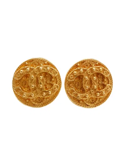 Pre-owned Chanel 1994 Cc Mark Round Stud Earrings In Gold