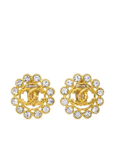 Pre-owned Chanel 1994 Cc Rhinestone-embellished Clip-on Earrings In Gold