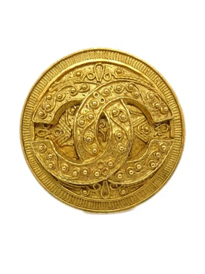 Pre-owned Chanel 1994 Cc Sun Brooch In Gold