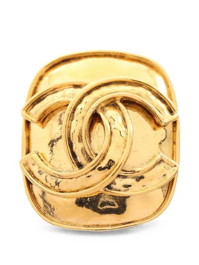 Pre-owned Chanel 1994 Coco Mark Rectangle Brooch In Gold