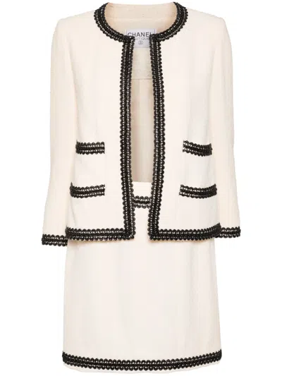 Pre-owned Chanel 1995 Contrast-trim Skirt Suit In Neutrals