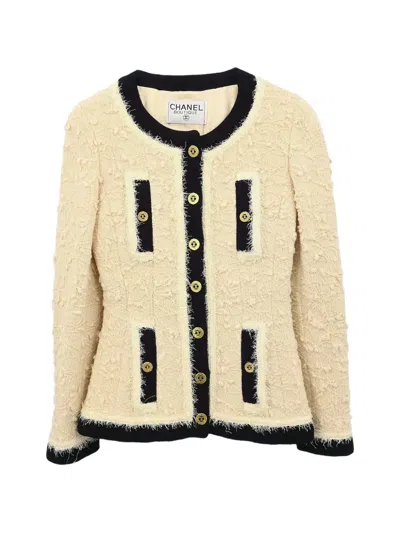 Pre-owned Chanel 1994 Contrast-trim Collarless Jacket In Neutrals