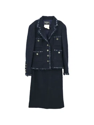 Pre-owned Chanel 1994 Frayed-trim Skirt Suit In Blue
