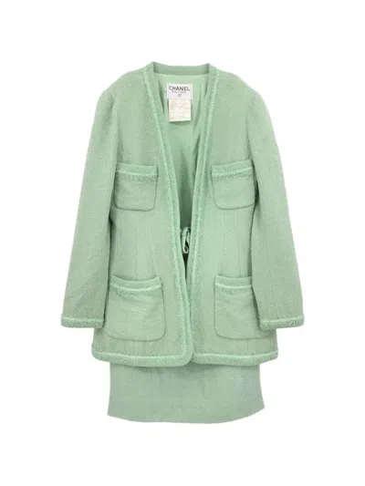 Pre-owned Chanel 1994 Frayed-trim Skirt Suit In Green