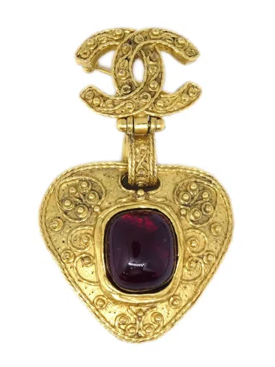 Pre-owned Chanel 1994 Glass Stone Cc Dangle Brooch In Gold