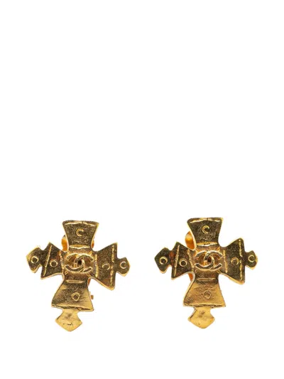 Pre-owned Chanel 1994 Gold Plated Cc Cross Clip On Earrings Costume Earrings