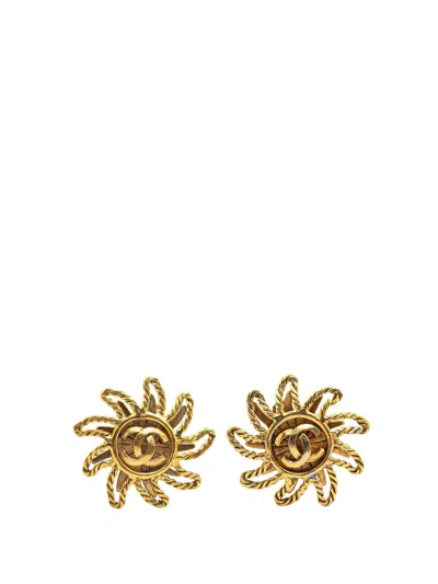 Pre-owned Chanel 1994 Gold Plated Cc Sun Clip On Earrings Costume Earrings