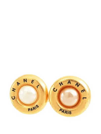 Pre-owned Chanel 1994 Gold Plated Faux Pearl Clip On Earrings Costume Earrings