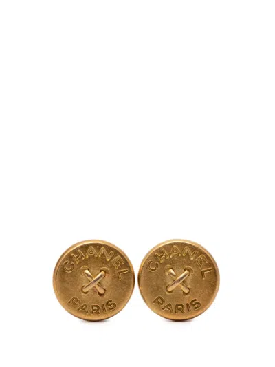 Pre-owned Chanel 1994 Gold Plated Round Button Clip On Earrings Costume Earrings