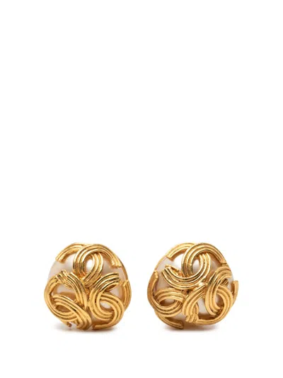 Pre-owned Chanel 1994 Gold Plated Triple Cc Faux Pearl Clip On Earrings Costume Earrings
