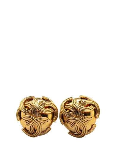 Pre-owned Chanel 1994 Gold Plated Triple Cc Round Clip On Earrings Costume Earrings