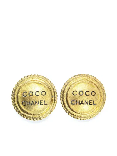 Pre-owned Chanel 1994 Logo-engraved Button Clip-on Earrings In Gold