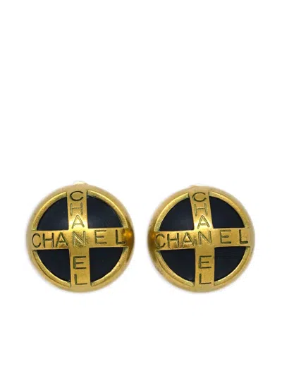Pre-owned Chanel 1994 Logo-engraved Button Clip-on Earrings In Gold