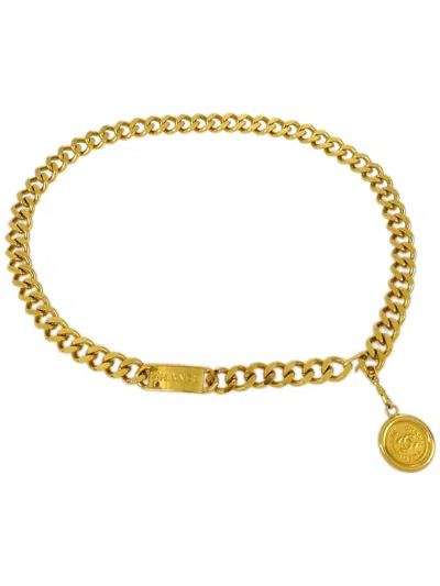 Pre-owned Chanel 1994 Logo Plaque Medallion Chain Belt In Gold