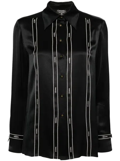 Pre-owned Chanel 1994 Logo-print Silk Shirt In Black