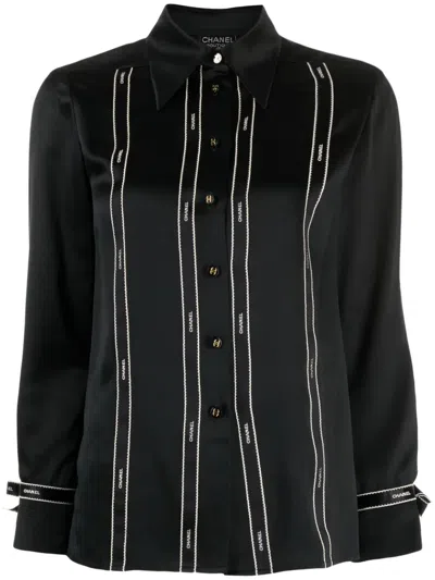 Pre-owned Chanel 1994 Logo-tape Silk Blouse In Black