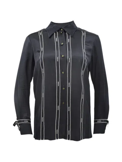 Pre-owned Chanel 1994 Logo-ribbon Silk Blouse In Black