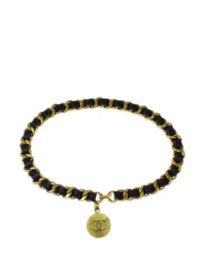 Pre-owned Chanel 1994 Medallion Chain-leather Belt In Gold
