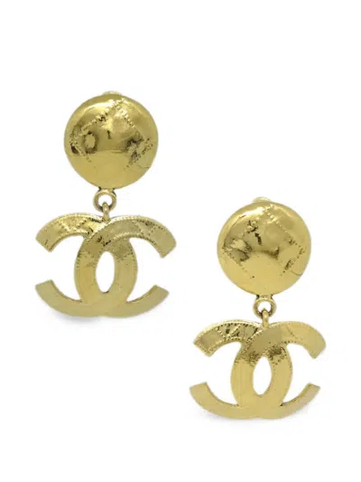 Pre-owned Chanel 1994 Quilted Cc Dangle Clip-on Earrings In Gold
