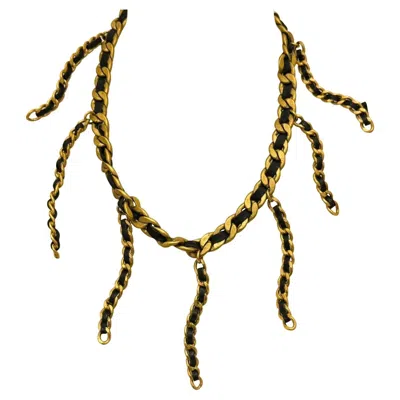 Pre-owned Chanel 1994 Rare 24k Gold Plated Chain And Leather Choker Necklace In Multi