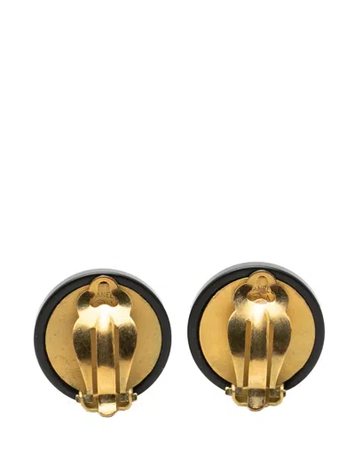 Pre-owned Chanel 1994 Resin And Gold Plated Mademoiselle Button Clip On Earrings Costume Earrings In Black