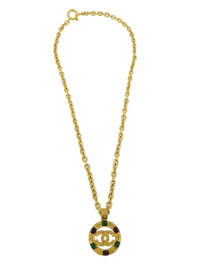 Pre-owned Chanel 1994 Stone-embellished Cc-pendant Medallion Necklace In Gold